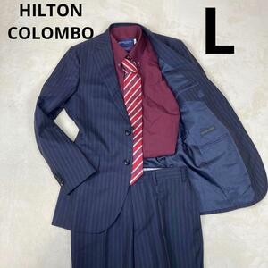 美品　HILTON COLOMBO セットアップ　スーツ　ストライプ　L 紺ブレ　2点セット　テーラードジャケット　ビジネス