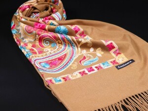 WINTER PASHMINAS◆KW-S819 極上 カシミア 厚手 刺繍【ベージュ系/Asian Paisley】大判 ストール/マフラー Cashmere Scarf/ Stall