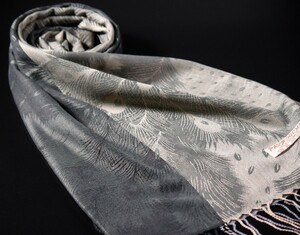 WINTER PASHMINAS◆KV-3062 極上 カシミア【グレー系/Design Feather】大判 ストール/マフラー Scarf/ Stall