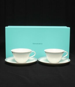 美品 ティファニー カップ＆ソーサー 2客セット ペア プラチナブルーバンド Tiffany＆Co. [0402]