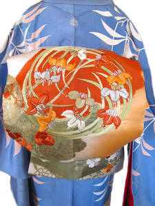 春花　アンティーク刺繍丸帯　菖蒲　桜　牡丹　金彩