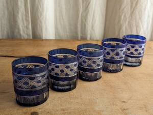  cut . glass ...5 customer set cold sake sake cup and bottle blue .. tradition industrial arts 