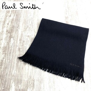 D2457-U-N◆Paul Smith ポールスミス マフラー フリンジ 刺繍ロゴ 無地 シンプル カジュアル シック 男女可◆size 約160×33cm ネイビー