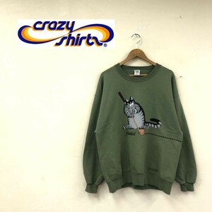 D2420-G◆美品◆crazy shirts クレイジーシャツ トレーナー◆sizeM コットン カーキ 長袖 トップス ハワイ アメリカ製 カジュアル ネコ 緑