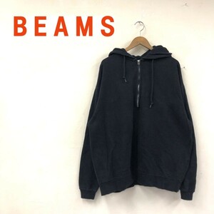 D2412-G◆美品◆BEAMS ビームス パーカー◆sizeM 綿100% ブラック 無地 メンズ トップス 長袖 フード ハーフジップ シンプル カジュアル 黒