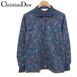 D2372-F◆ 美品 ◆ Christian Dior クリスチャンディオール 長袖ポロシャツ カットソー ◆ sizeS ウール ネイビー 総柄 古着 レディース