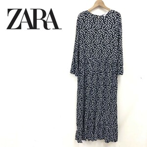 D2059-K◆ZARA ザラ 8分袖ロングワンピース◆sizeM ブラック ドット柄 薄手 レーヨン モノトーン ゆったり カジュアル ギャザースカート