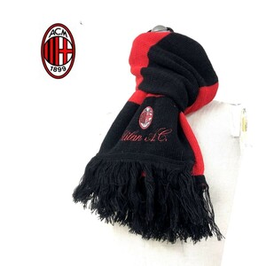 D1701-N◆old◆ イタリア製 AC Milan gua giu エーシーミラン マフラー ロゴ刺繍 サッカー クラブ◆ ブラック レッド アクリル100