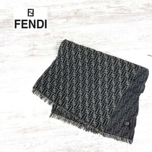 D1934-N◆old◆イタリア製 FENDI フェンディ マフラー フリンジ ズッカ柄 小物◆ グレー ロゴ総柄 ウール 古着