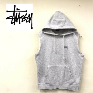 D1839-R◆stussy ステューシー 袖なしスウェットパーカー◆サイズS メンズ 紳士 トップス ロゴデザイン オールシーズン ライトグレー