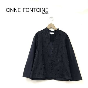 N298-O◆美品◆ Ann Fontaine アンフォンテーヌ ノーカラーブラウス シャツ 花柄 刺繍 長袖 トップス◆size4 コットン ブラック 黒