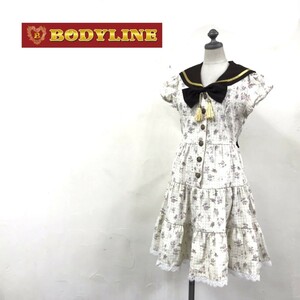 N305-O◆美品◆ BODY LINE ボディライン フレアワンピース セーラーカラー リボン 花柄 半袖 ロリータ チェック◆sizeM アイボリー