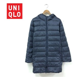 N2628-T-N◆UNIQLO ユニクロ ダウンジャケット ジップアップ フード ステッチ 無地◆sizeM ネイビー メンズ トップス ナイロン100