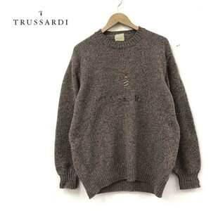 D1008-D◆old◆ TRUSSARDI トラサルディ 長袖セーター ニット ロゴ刺繍 ゆったり ◆ size4 ブラウン 茶色 ウール100 古着