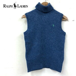 D414-W◆RALPH LAUREN ラルフローレン ノースリーブニット タートルネック ワンポイント きれいめカジュアル◆size:L ブルー系 ウール100