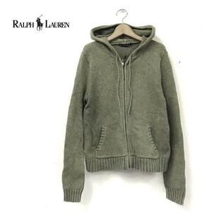 D397-N◆old◆ Ralph Lauren ラルフローレン ニットパーカー 長袖 フーディー ジッパー◆sizeM グリーン系 コットンニット