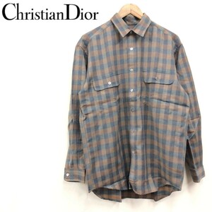 D1845-F◆ Christian Dior クリスチャンディオール 長袖シャツ トップス ◆ sizeM ウール100 ブラウン ブルー 古着 メンズ 秋冬