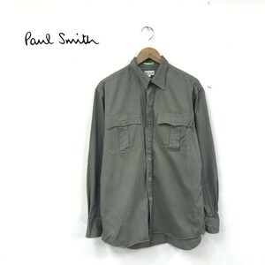 D1805-T-N◆Paul Smith ポールスミス ワークシャツ ロングスリーブ ステッチ 無地◆sizeL カーキ メンズ トップス コットン100