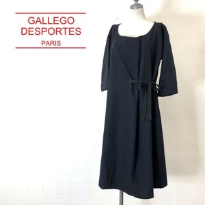 D1401-O◆美品◆ GALLEGO DESPORTES ギャレゴデスポート ウールワンピース リボン フレア 膝丈◆sizeS 毛 コットン ネイビー