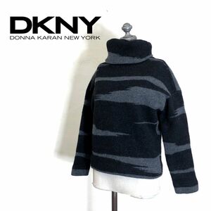 I304-O◆良品◆ DKNY ダナキャランニューヨーク ニットセーター タートルネック 総柄 トップス◆sizeP ウール ブラック 黒 グレー