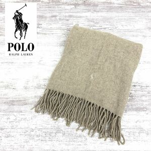 I172-U-N◆イタリア製◆Polo Ralph Lauren ポロラルフローレン 大判マフラー フリンジ 刺繍ロゴ◆size 約190×50cm ベージュ カシミヤ