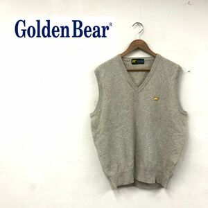 I152-G◆美品◆Golden Bear ゴールデンベア ニットベスト◆sizeL 毛100% ベージュ 無地 メンズ トップス ワンポイント 刺繍 Vネック 秋冬