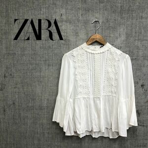 I136-G◆美品◆ZARA WOMAN ザラウーマン ブラウス◆sizeM 綿100% ホワイト レース 無地 レディース トップス 長袖 カジュアル ガーリー 白