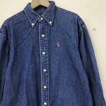 I97-N◆old◆ Polo Ralph Lauren ポロラルフローレン デニムシャツ ロゴ刺繍 キッズ 大きめ ◆ size160 インディゴ コットン100_画像3