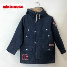 I505-W-N◆キッズ◆良品◆MIKI HOUSE ミキハウス デニムコート フード 中わた ワッペン カジュアル 子供服◆size:120 ブルー系 コットン_画像1