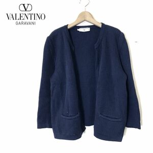 I570-N◆vintage◆ Valentino Garavani ヴァレンティノ ガラヴァーニ ニットジャケット カーディガン 厚手 ◆size40 ネイビー コットン