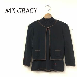 I661-K◆良品 M'S GRACY エムズグレイシー ニットアンサンブル◆size38 ブラック 7分袖カーディガン&半袖トップス ネコ 刺繍 薄手