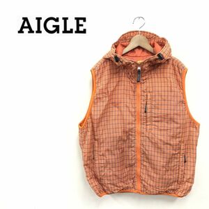 I586-K◆AIGLE エーグル 中綿ジップアップベスト◆sizeM オレンジ チェック ナイロン100% カジュアル シンサレート アウトドア フーディー