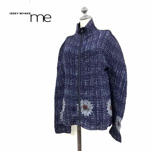 I925-N◆良品◆ me ISSEY MIYAKE ミー イッセイミヤケ プリーツジャケット ダブルジップ ハイネック◆ ネイビー 紺 総柄 ポリエステル