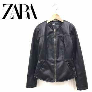 I1147-R-N◆良品 ZARA ザラ ジップアップレザージャケット◆サイズS レディース ライトアウター フェイク ポリウレタン ブラック