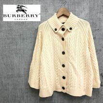 I1126-K◆良品 日本製 BURBERRY LONDON バーバリー ベルスリーブニットカーディガン◆size1 オフ白 ケーブル ポンチョ風 ウール100%_画像1