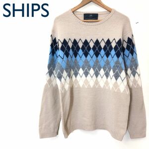 I1056-F-N◆ SHIPS シップス ニット セーター トップス ◆ sizeM ウール100 ベージュ ブルー 柄 古着 メンズ レディース 秋冬