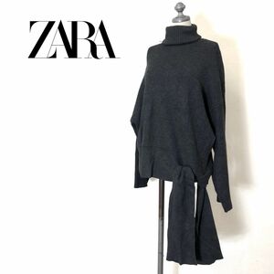 I2004-O◆美品◆ ZARA ザラ ニットセーター タートルネック リボン リブニット トップス◆sizeS グレー