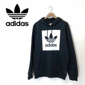 I1961-O-N◆美品◆ adidas アディダス フーディ パーカー フード ロゴ スポーツ 裏起毛 トップス◆sizeL コットン ブラック 黒