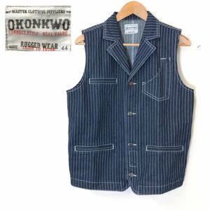 I1900-F-N◆ 美品 ◆ OKONKWO デニムベスト ジャケット 4B ◆ size44 コットン100 ネイビー ホワイト ストライプ 古着 メンズ