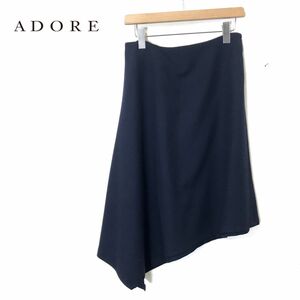 I1777-D◆美品◆ ADORE アドーア アシンメトリー スカート 膝下 レディース ◆ size38 ネイビー 紺 ウール ストレッチ