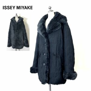 I1658-N◆美品◆90s~ ISSEY MIYAKE イッセイミヤケ プリーツ ファーコート リバーシブル 厚手 ユニセックス◆sizeM ブラック ポリエステル