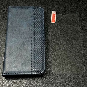 【2点セット】arrows We レザーケース「ネイビー」+ガラスフィルム 手帳型 F-51B FCG01 A101FC 手帳型ケース スマホケース 耐衝撃 アローズ