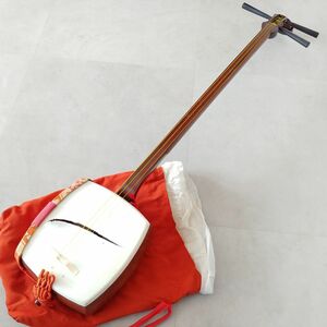 【※訳あり※皮破れ※】石村屋 三味線 袋付 全長 約98cm 弦楽器 和楽器 三線 三弦 細棹 長唄 駒 糸巻き 根緒 胴掛け 付 1円スタート SA2888