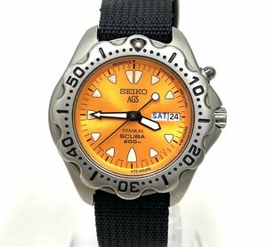 AK◆ SEIKO セイコー AGS 5M23-6B40 スキューバ 200M オレンジ文字盤 3針 デイデイト チタン メンズ 腕時計 現状品