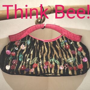 未使用保管品 ゼブラ チェリー ハンドバッグ 刺繍 スパンコール