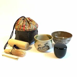 野点籠 7点セット 双鳥華紋 西陣織 野点籠 /抹茶茶碗 /粉引 /棗 中蓋付 / 折りたたみ式 茶杓 / 茶筌 /根付セット 一揃 /茶道具 茶碗