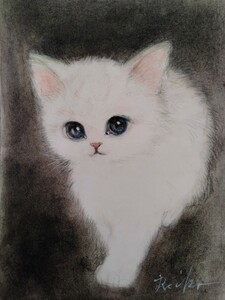 猫のイラスト　手描きイラスト　水彩画　インテリア　白猫の絵　B6サイズ