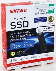 S♪中古品♪ポータブルSSD 『SSD-SCT500U3-BA』 BUFFALO/バッファロー 500GB USB 3.2 Gen 2対応 テレビ対応 USB変換アダプターA to C付き