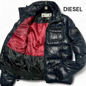 美麗品◎Mサイズ!! ディーゼル【圧巻の極厚ダウン】DIESEL ダウン ナイロン ジャケット テフロン加工 ネイビー×ボルドー 光沢感◎メンズ