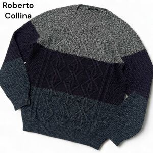 美麗品◎48サイズ!!ロベルトコリーナ【お洒落な一枚】roberto collina ケーブル ニット セーター クルーネック バイカラー ウール◎メンズ